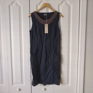 Lina Tomei 100% linen navy blue dress silver beaded collar made in Italy